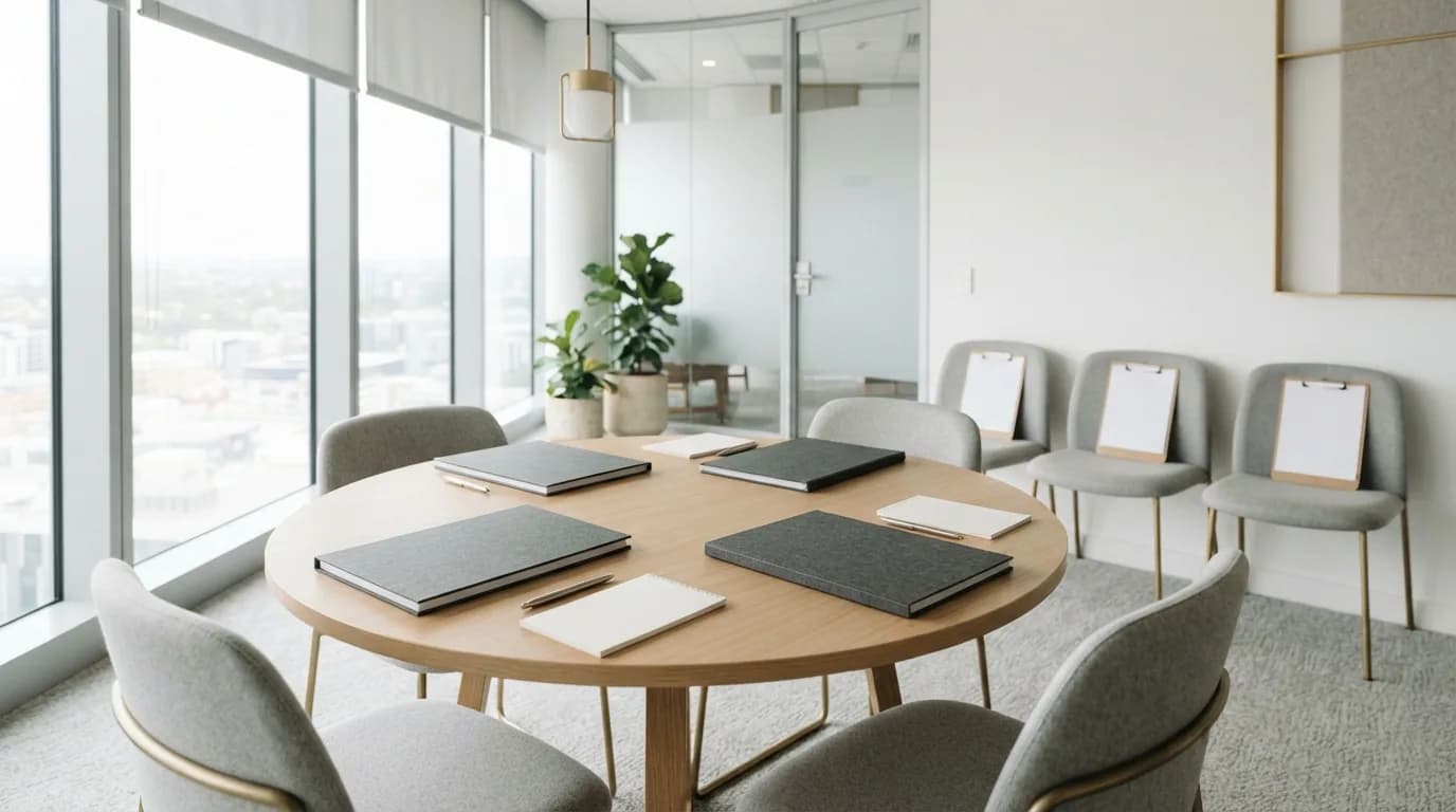 Sala de evaluacion con una mesa de trabajo dispuesta para un ejercicio grupal y puestos de observacion alrededor