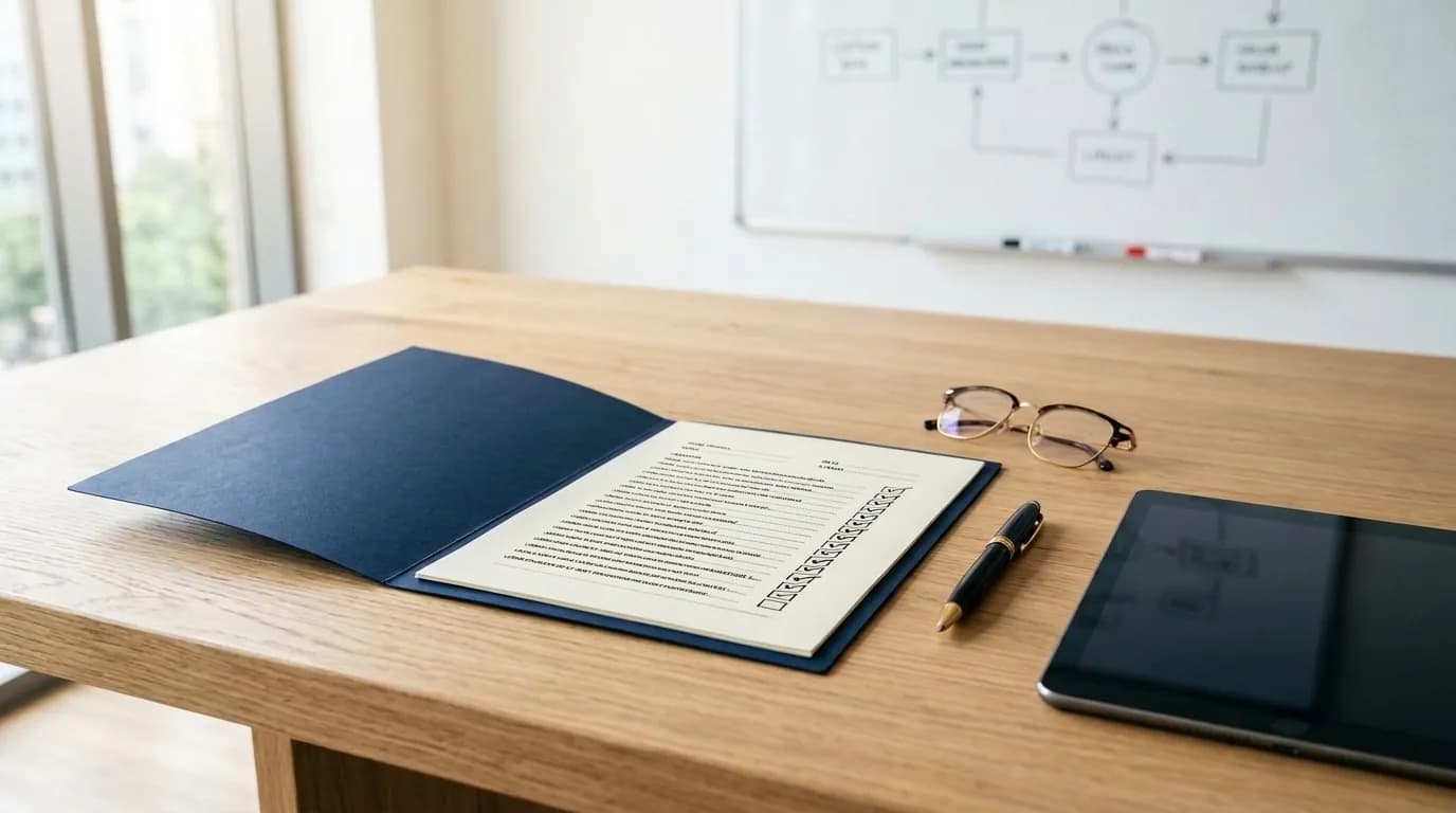 Carpeta abierta con listas de verificación marcadas sobre una mesa de reuniones, con un diagrama de procesos desenfocado al fondo