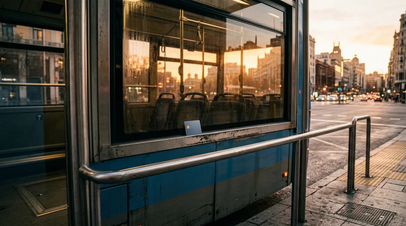 Ventanilla de un bus urbano al atardecer vista desde el anden, con el pasamanos metalico y una tarjeta de transporte