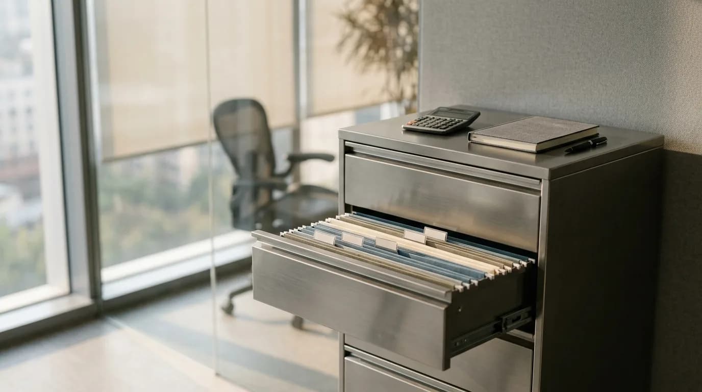 Archivador metalico de oficina con un cajon abierto de carpetas colgantes, una calculadora y una libreta encima