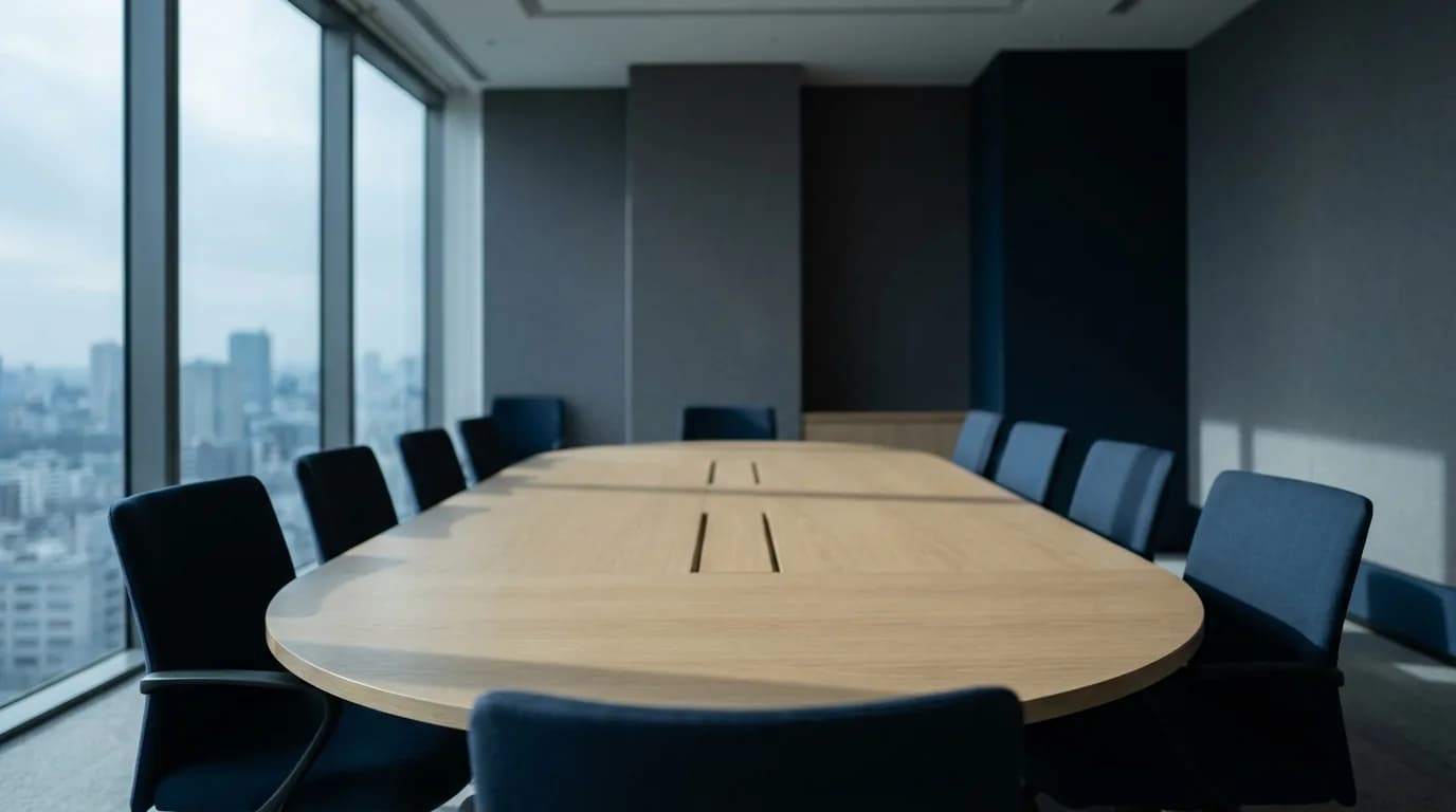 Sala de juntas vacía con sillas alineadas alrededor de una mesa ovalada junto a un ventanal