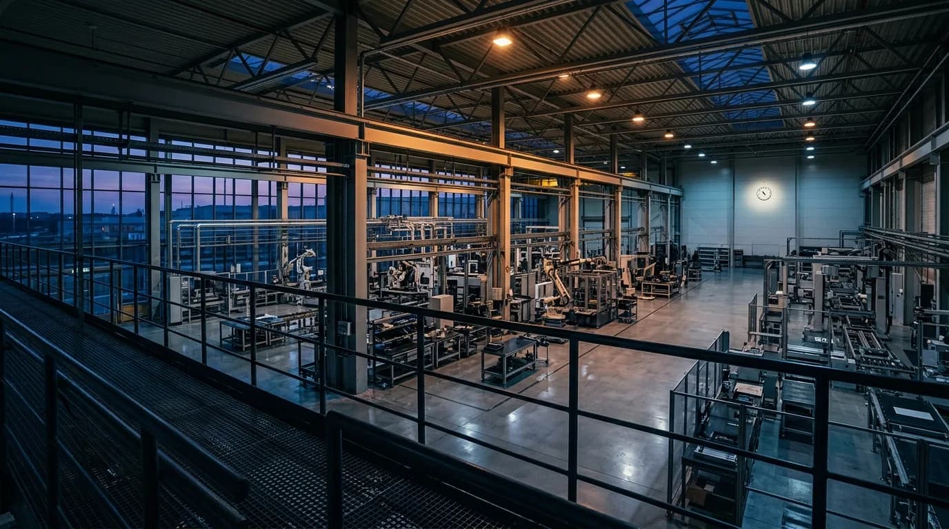 Interior de una planta industrial moderna al anochecer, vista desde una pasarela elevada, con las luminarias encendidas