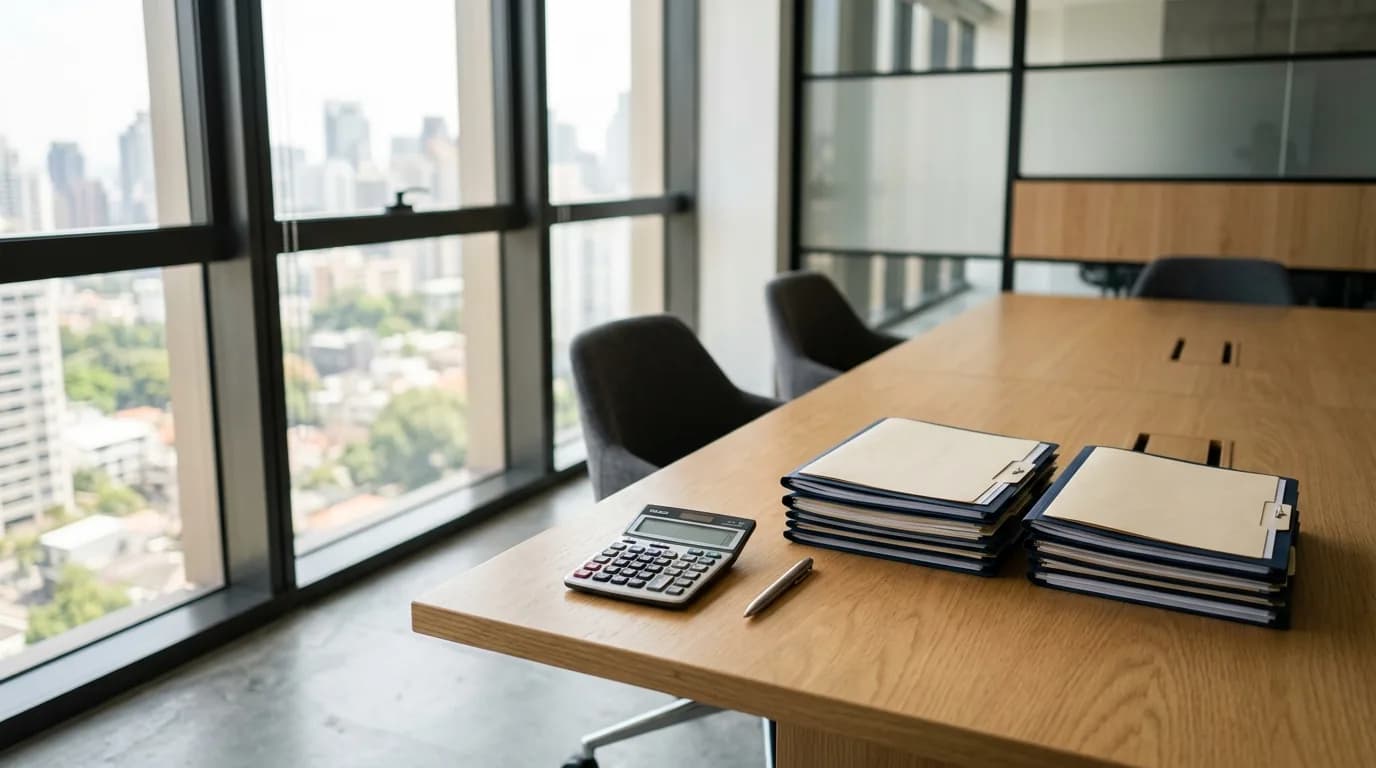 Mesa de reuniones junto a un ventanal de oficina con una calculadora y dos pilas iguales de carpetas de nomina