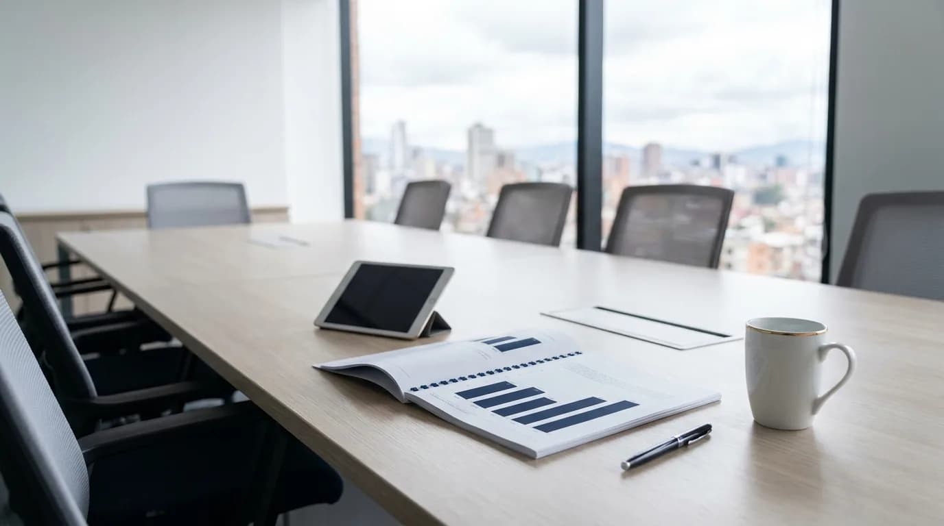 Sala de reuniones con tablero de resultados de una medicion de clima organizacional en una oficina en Bogota