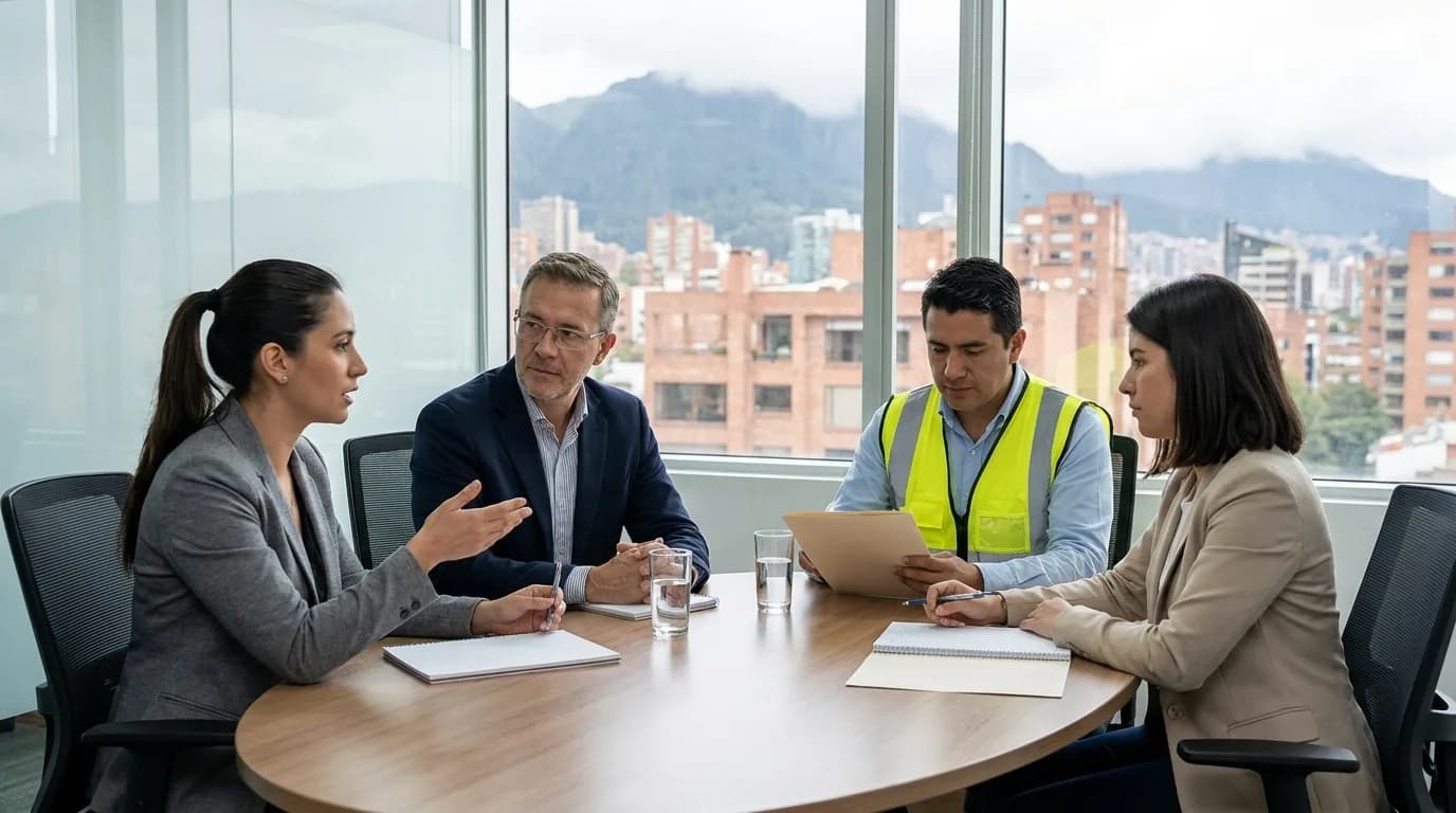 Reunion del comite paritario de seguridad y salud en el trabajo en una sala de juntas en Bogota