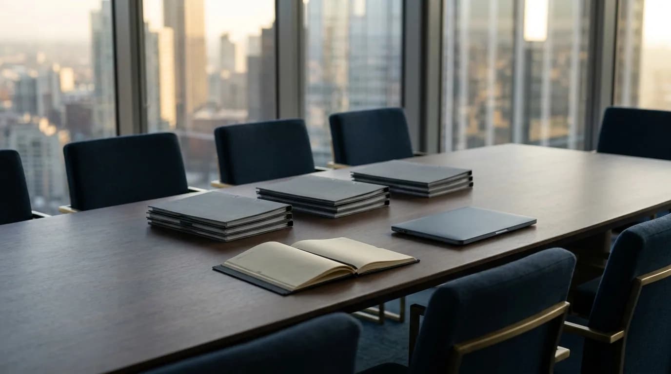 Mesa de juntas con documentos corporativos y carpetas ordenadas en una oficina corporativa
