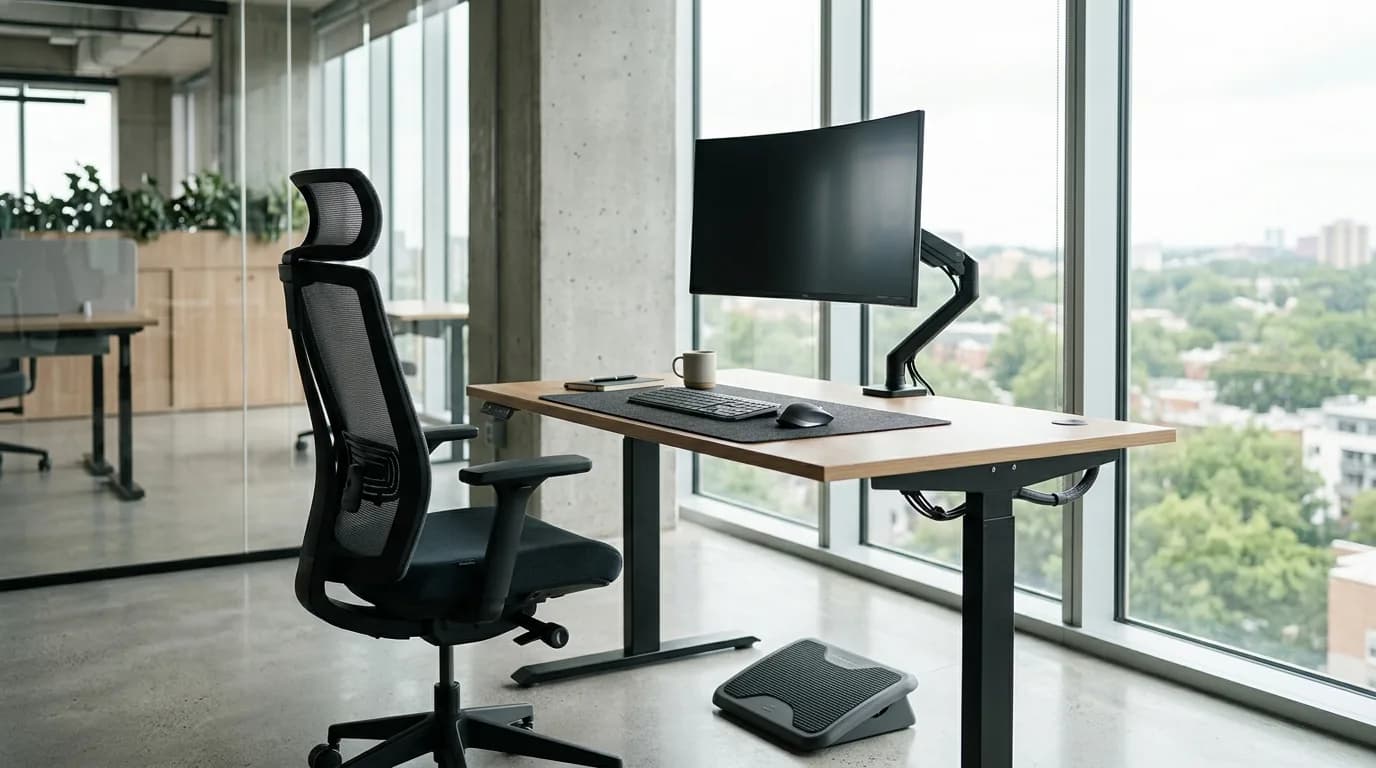 Puesto de oficina con silla regulable de espaldar alto, escritorio de altura ajustable, monitor sobre brazo articulado y reposapies