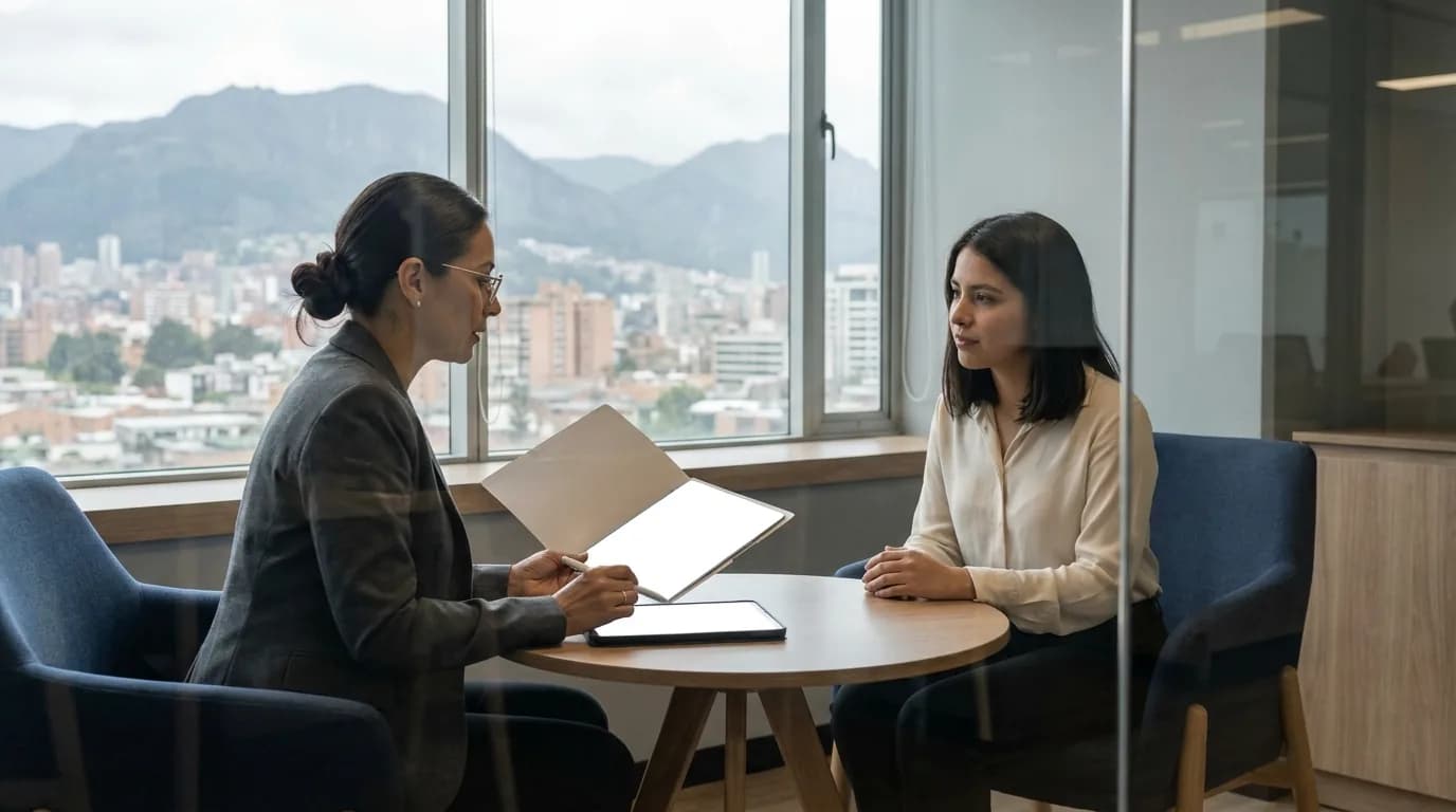 Reunion de evaluacion de desempeno entre una jefatura y una integrante del equipo