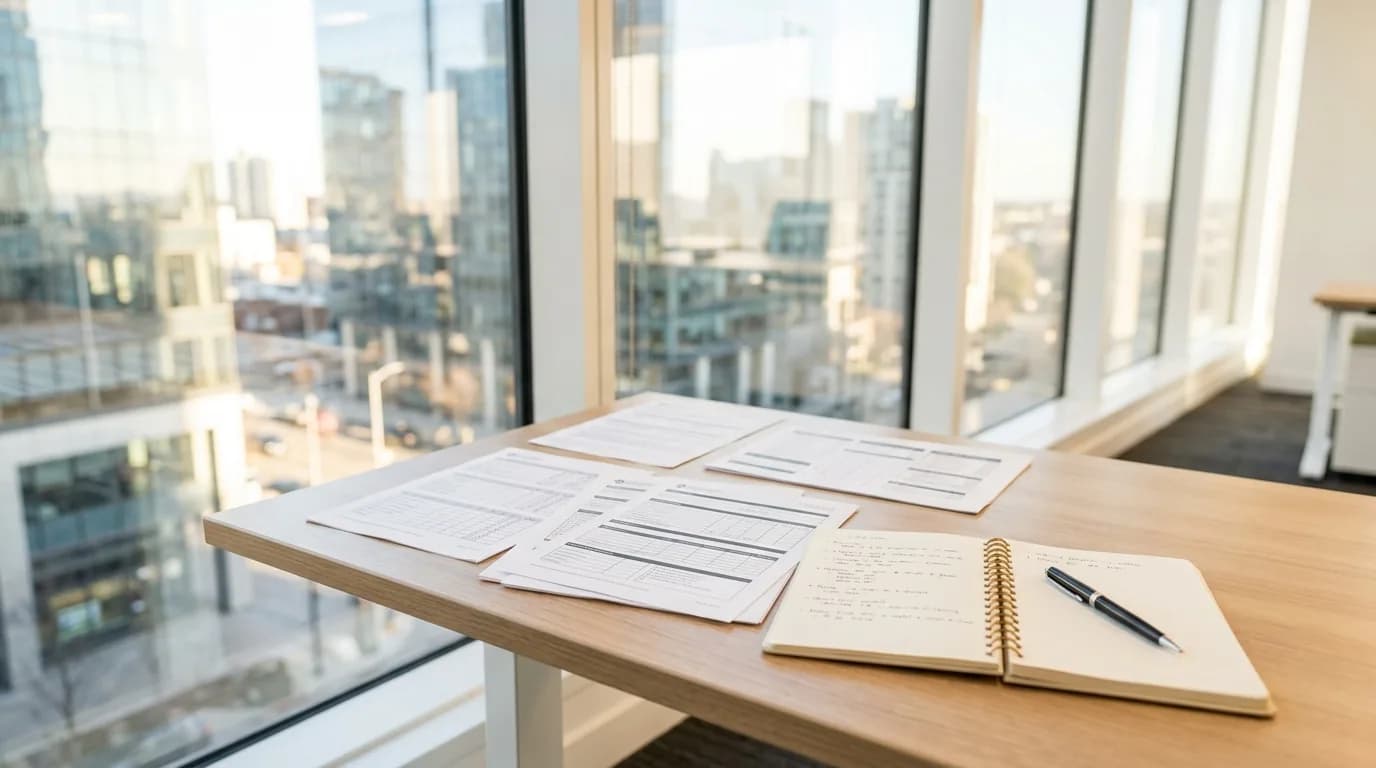 Escritorio luminoso con formularios de evaluacion impresos y una libreta de notas sobre la mesa
