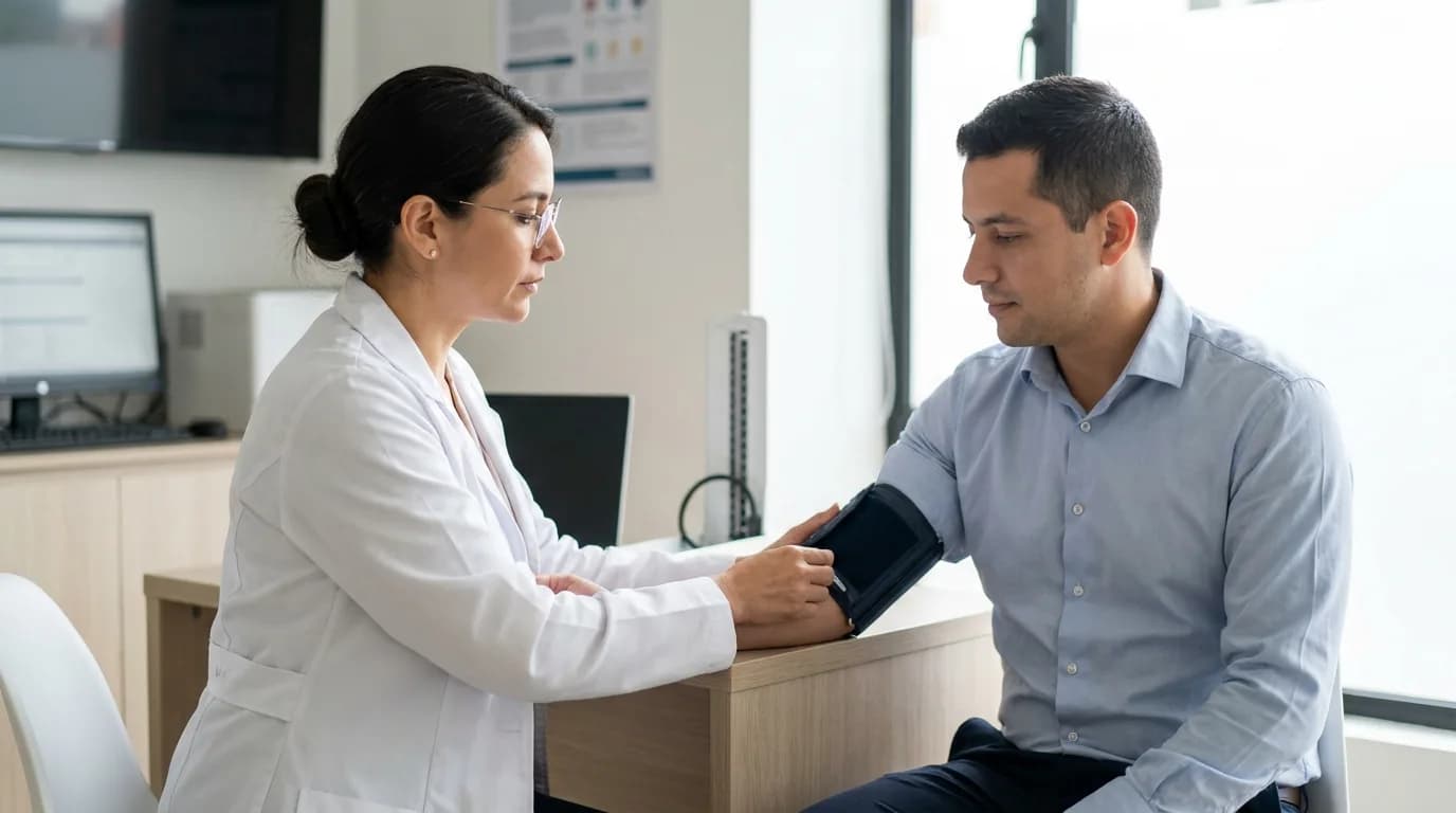 Medico ocupacional toma la presion arterial a un trabajador durante un examen medico ocupacional