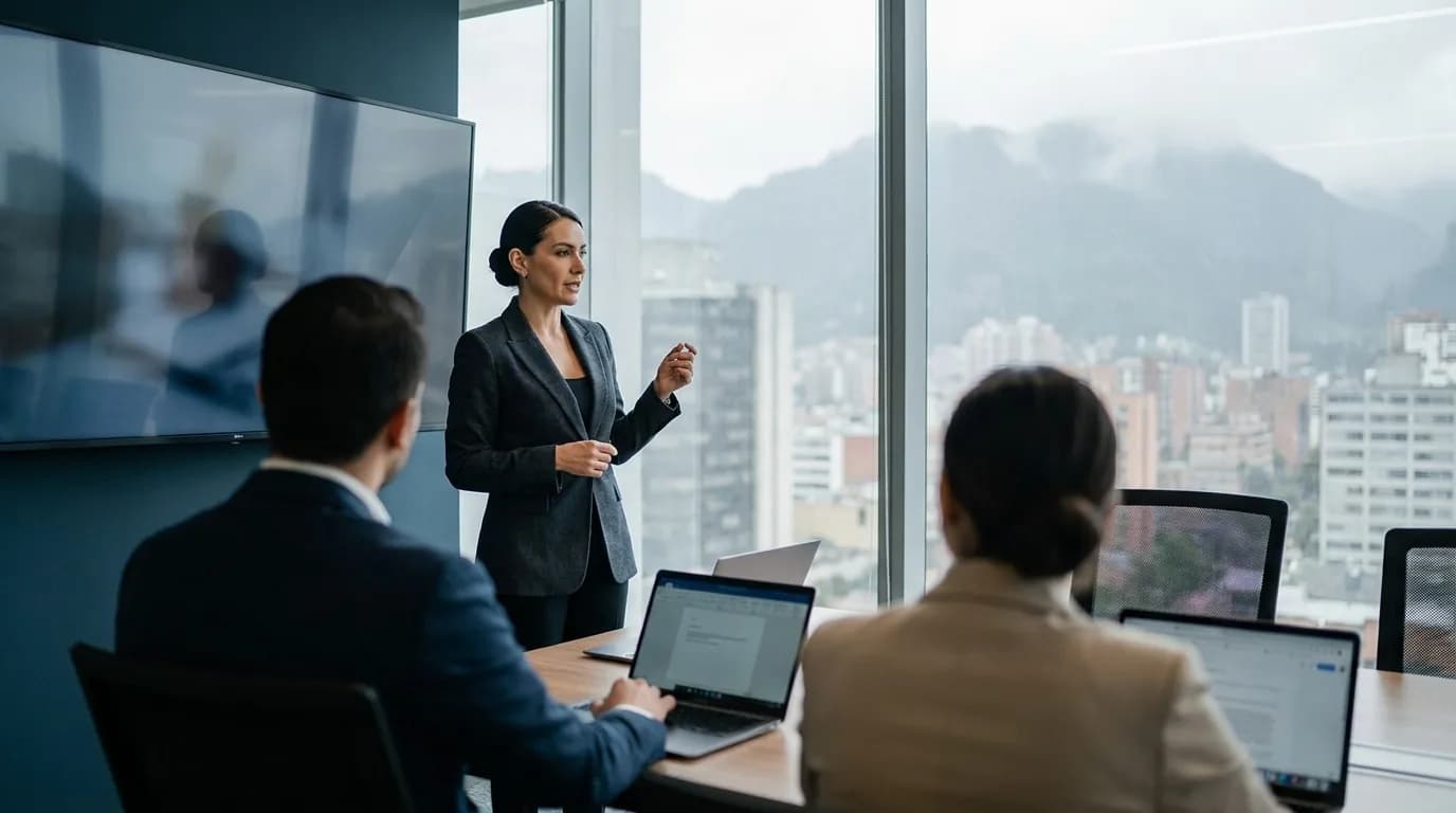 Direccion de talento humano expone ante su equipo en una sala de juntas en Bogota