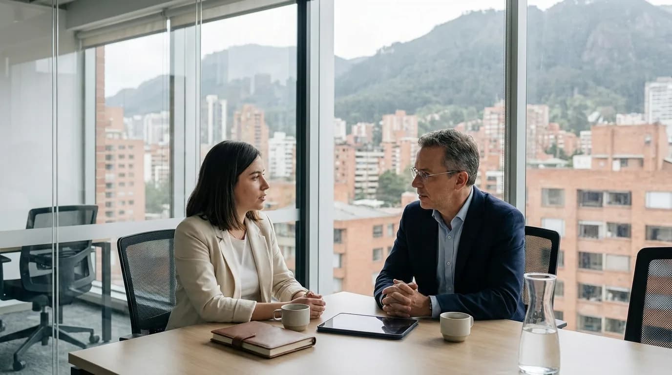 Conversacion de gestion humana entre dos profesionales en una sala de reuniones en Bogota