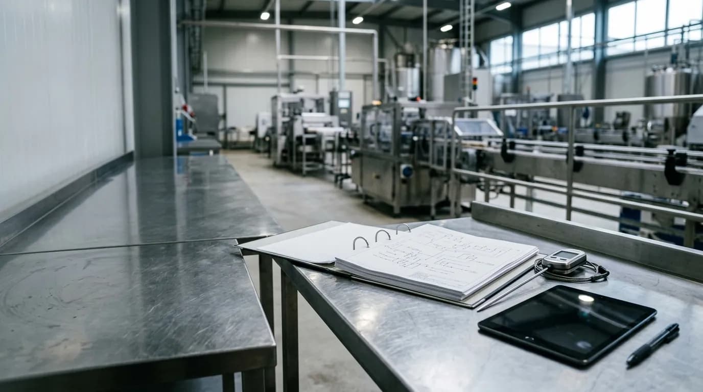 Mesa técnica junto a la línea de producción con el diagrama de flujo del proceso, un termómetro de sonda y registros