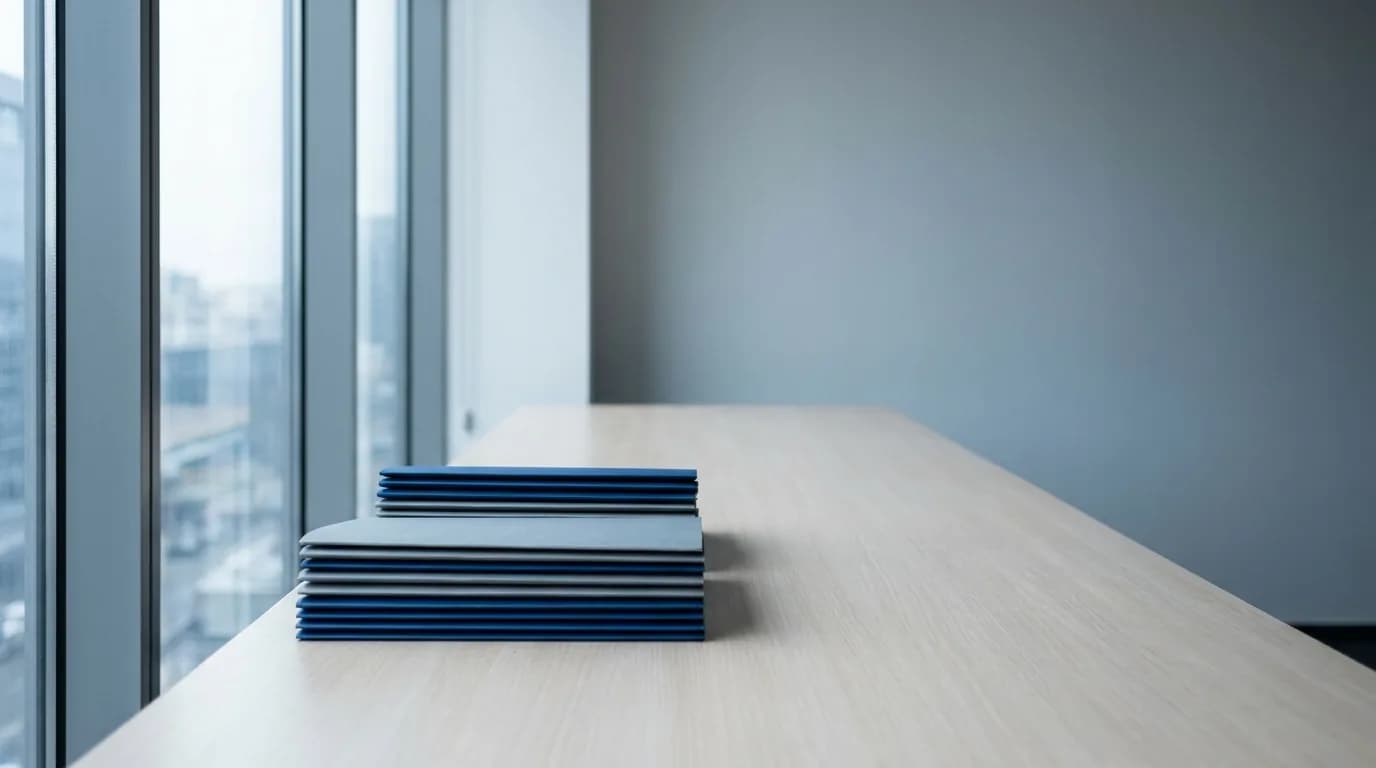 Mesa de trabajo despejada con carpetas ordenadas y un ventanal amplio en una oficina en Colombia