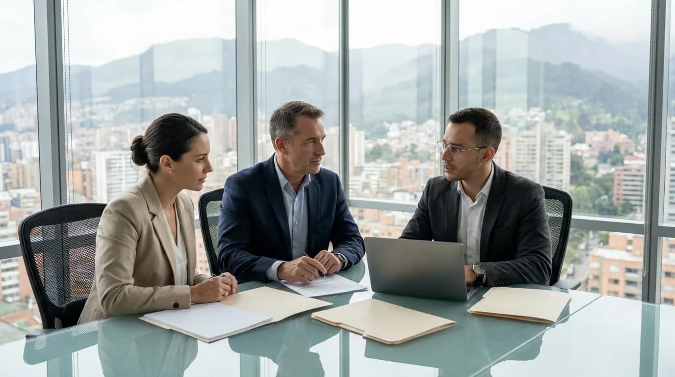 Equipo de consultores en una reunion de trabajo en una oficina corporativa de Bogota