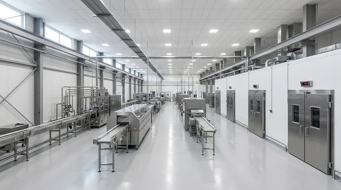 Planta de procesamiento de alimentos en acero inoxidable con mesas de trabajo vacias, camaras de refrigeracion y piso epoxico