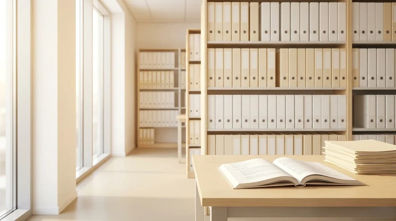 Manuales de procedimientos encuadernados y archivadores ordenados en una estanteria de oficina