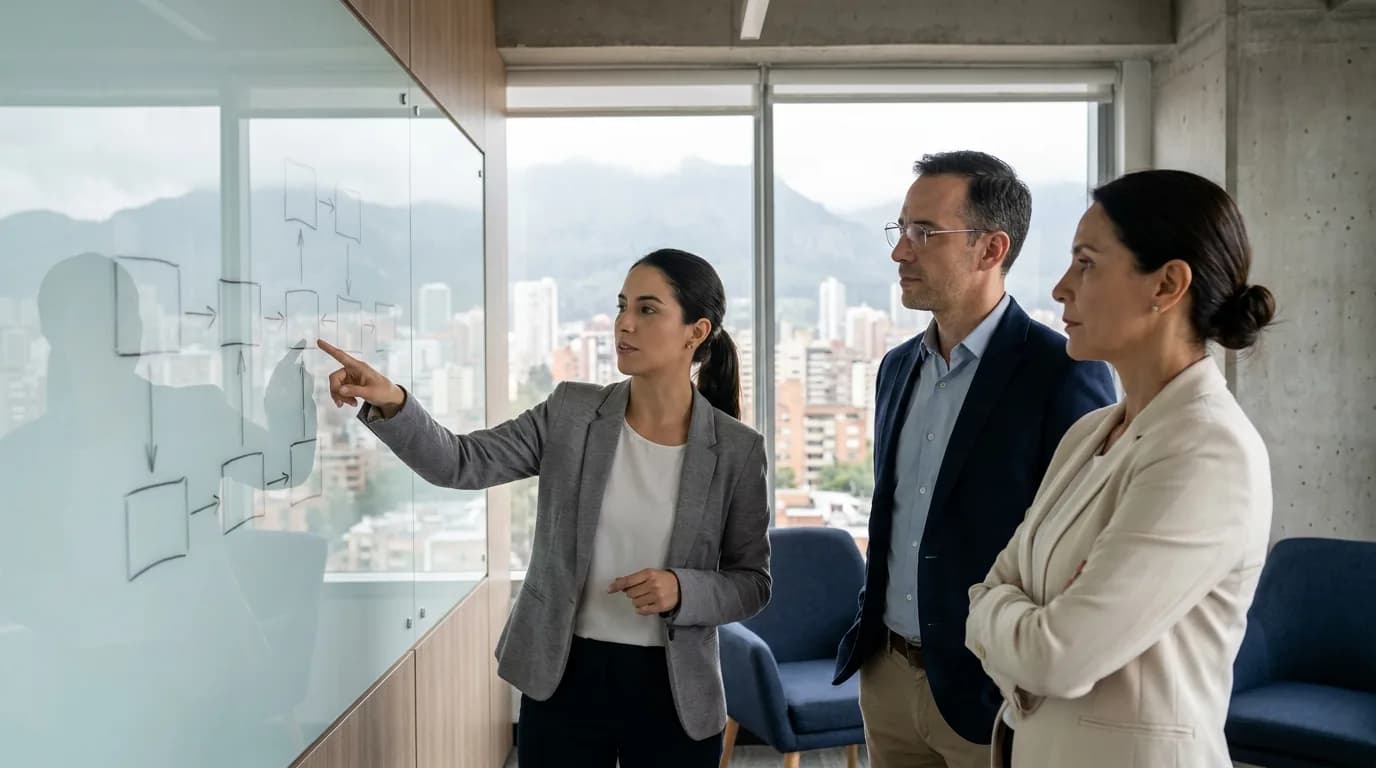 Dos consultores ordenan el mapa de procesos de una empresa sobre un muro de vidrio en una oficina de Bogota