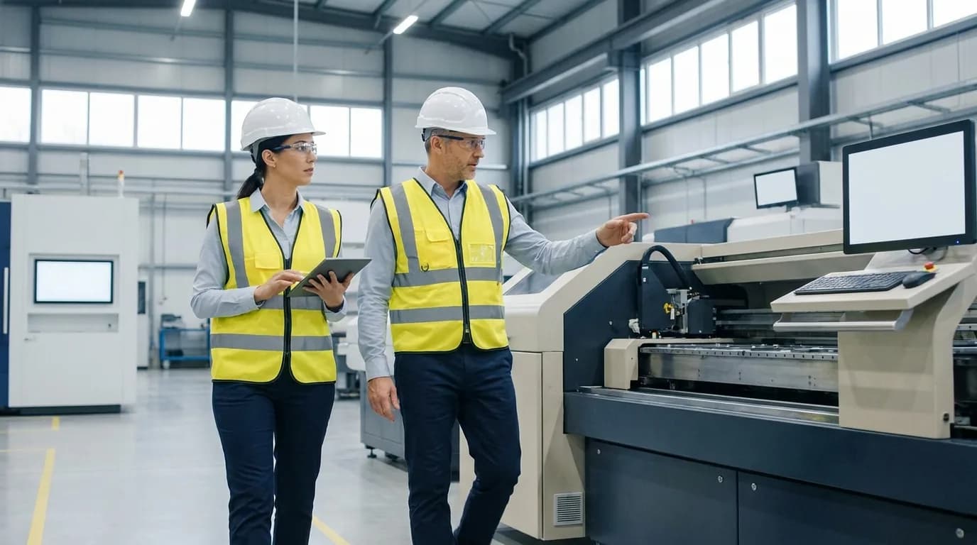 Dos profesionales de seguridad recorren una planta industrial identificando peligros con una tableta