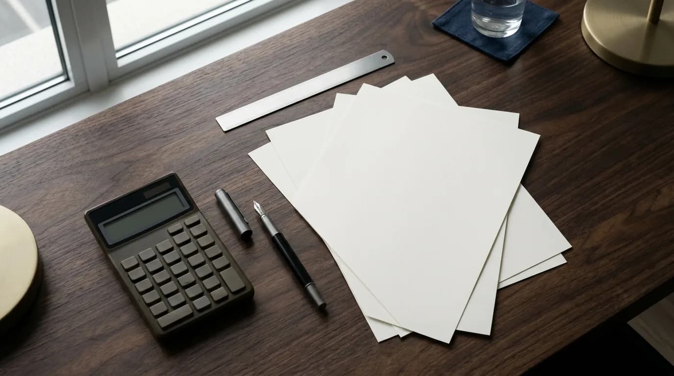 Escritorio de oficina con planillas de nomina ordenadas, una calculadora y un portatil cerrado junto a un ventanal