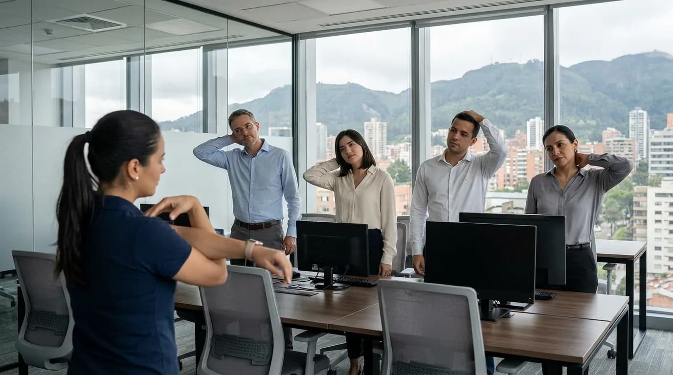 Empleados de oficina realizan una pausa activa de estiramiento junto a sus puestos de trabajo