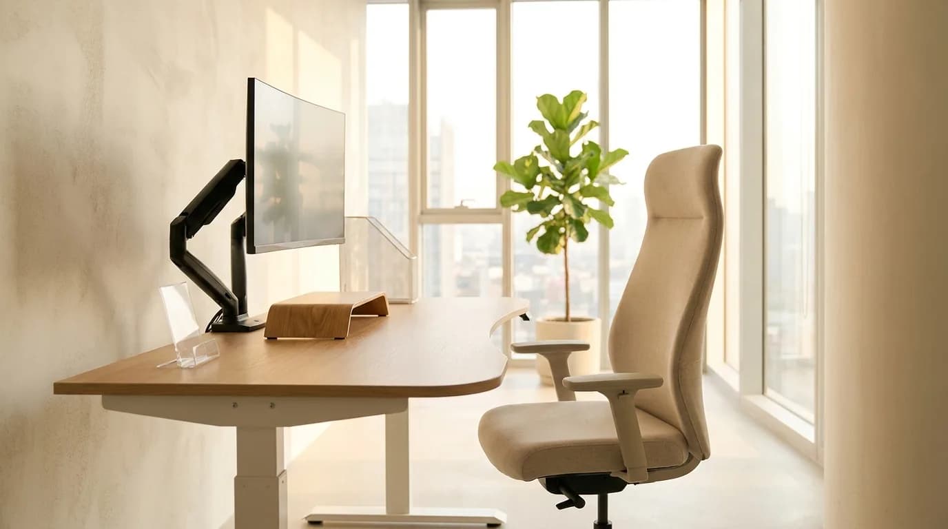 Puesto de trabajo luminoso adaptado con silla ergonomica y escritorio regulable en una oficina