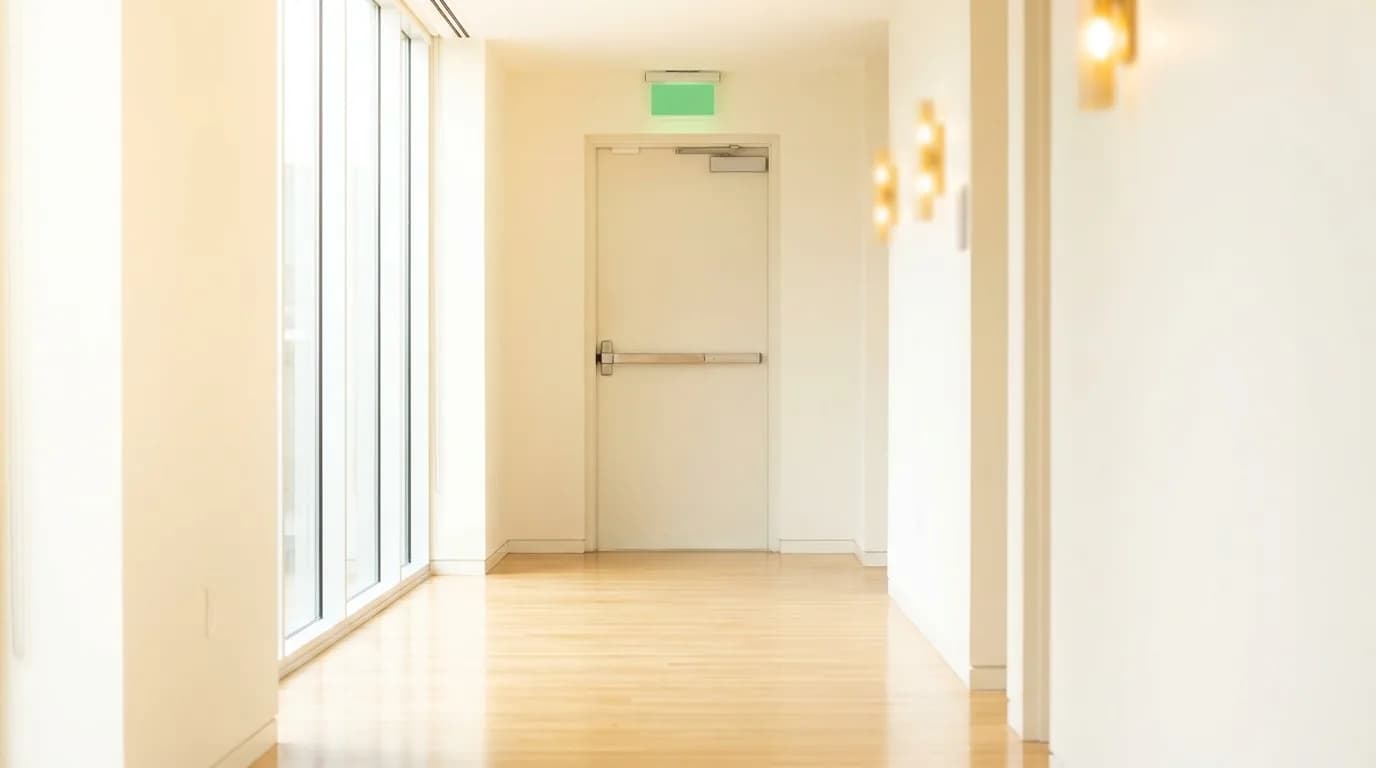 Pasillo luminoso y despejado de una oficina con senalizacion de salida y puerta de emergencia al fondo