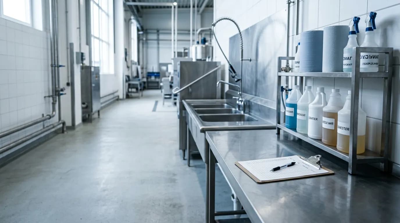 Estación de limpieza de una planta de alimentos con planilla de registro y químicos rotulados en su estante
