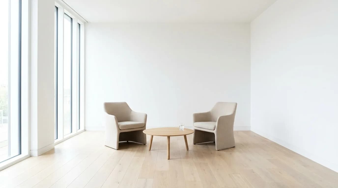 Sala de reunion pequena y luminosa con dos sillas enfrentadas junto a un ventanal