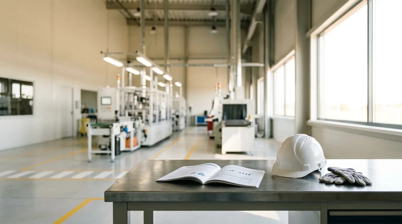 Mesa de trabajo en una planta industrial luminosa con un informe abierto, casco blanco y guantes