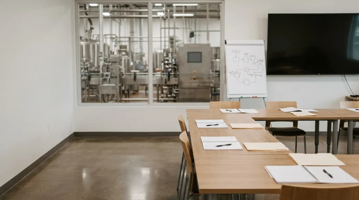 Sala de capacitación de una planta de alimentos con material de formación sobre las mesas