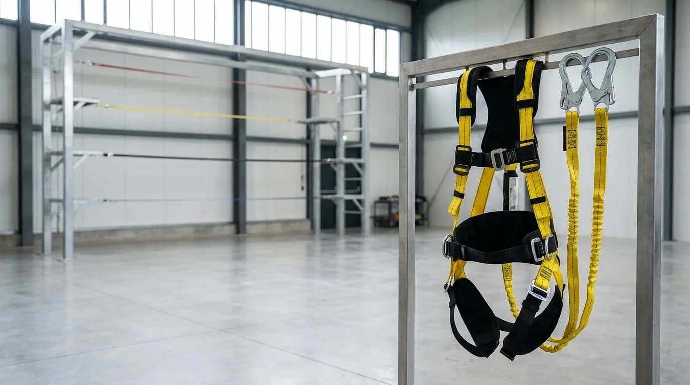 Arnés de cuerpo entero amarillo con eslinga doble en Y, absorbedores de energía y mosquetones de doble seguro colgados frente a la estructura de entrenamiento con líneas de vida
