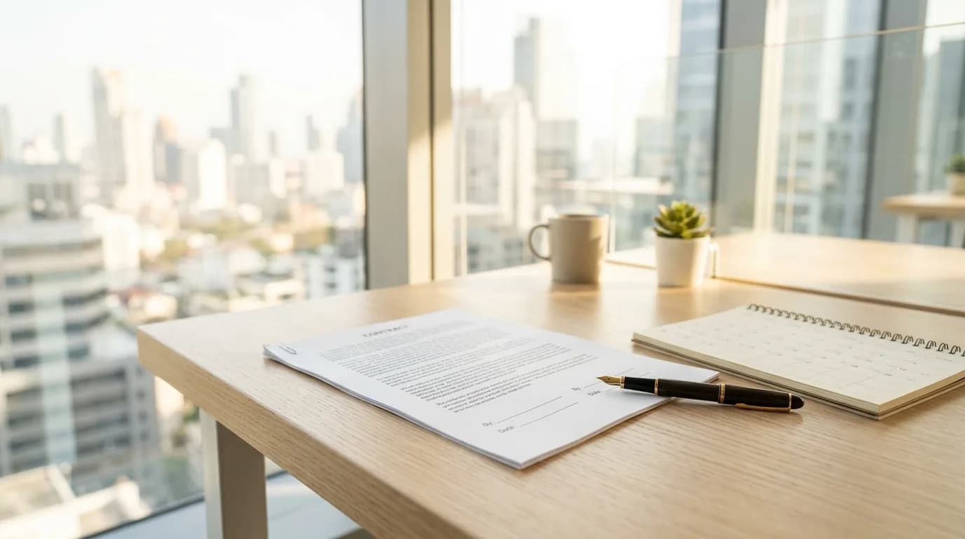 Contrato laboral impreso y un boligrafo sobre un escritorio claro junto a un ventanal
