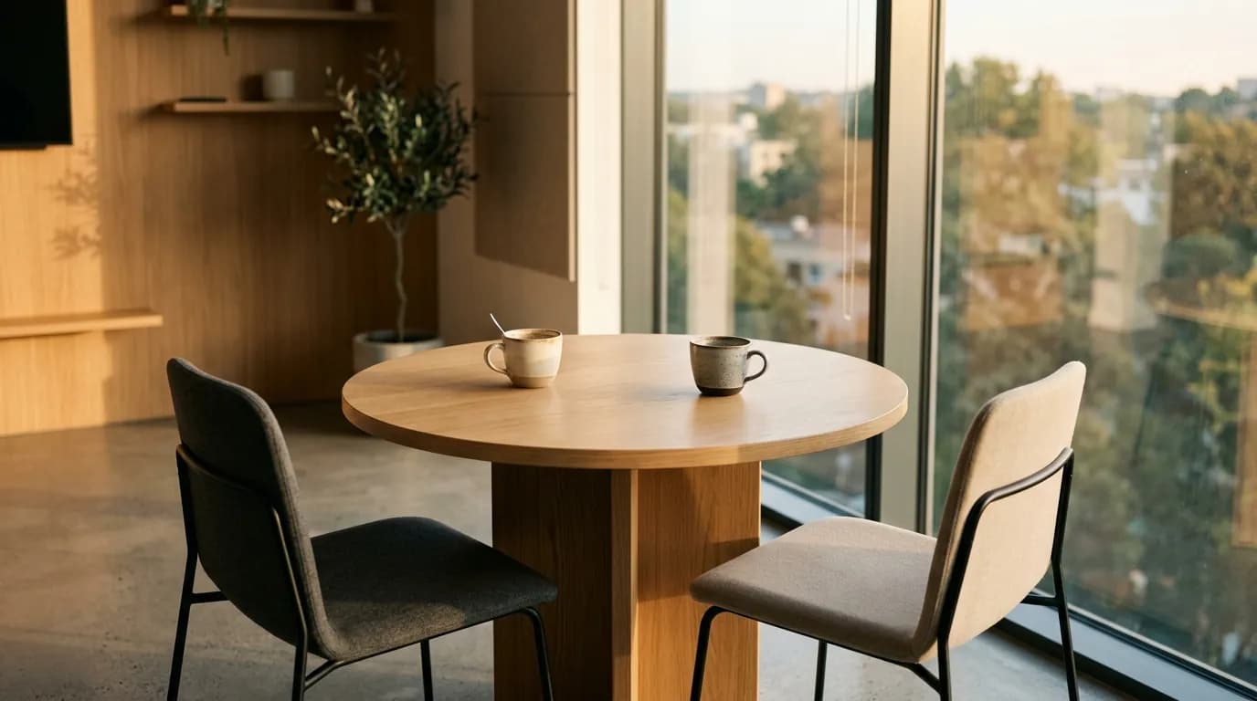 Mesa redonda de reunion con dos sillas enfrentadas y dos tazas de cafe, sin papeles, junto a una ventana con luz de tarde