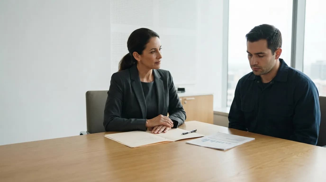Reunión formal de descargos entre un trabajador y el área de gestión humana en una sala de juntas