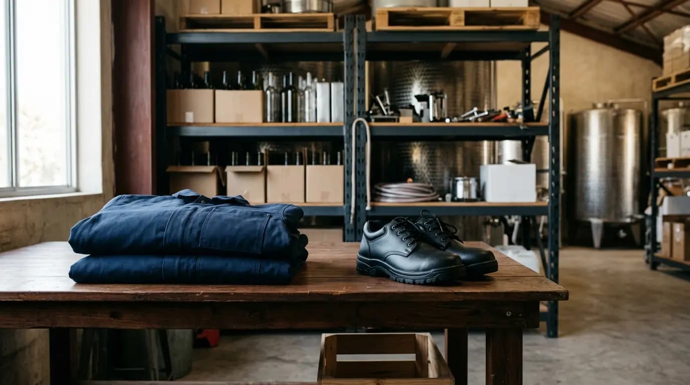 Prendas de trabajo dobladas y un par de zapatos de seguridad nuevos sobre una mesa de bodega junto a una estanteria