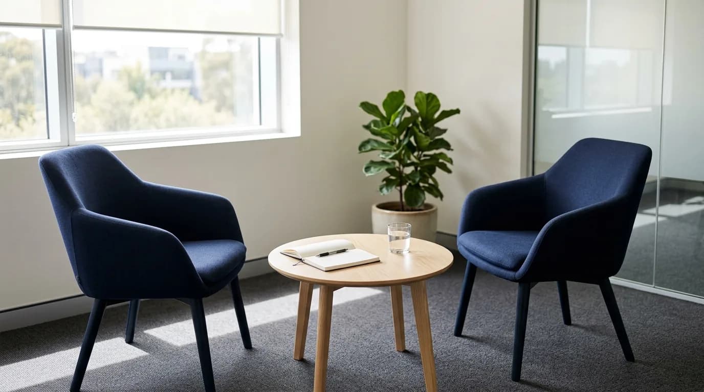 Sala de entrevistas con dos sillas frente a frente, una mesa pequena con una libreta de notas y un boligrafo, luz natural de ventana