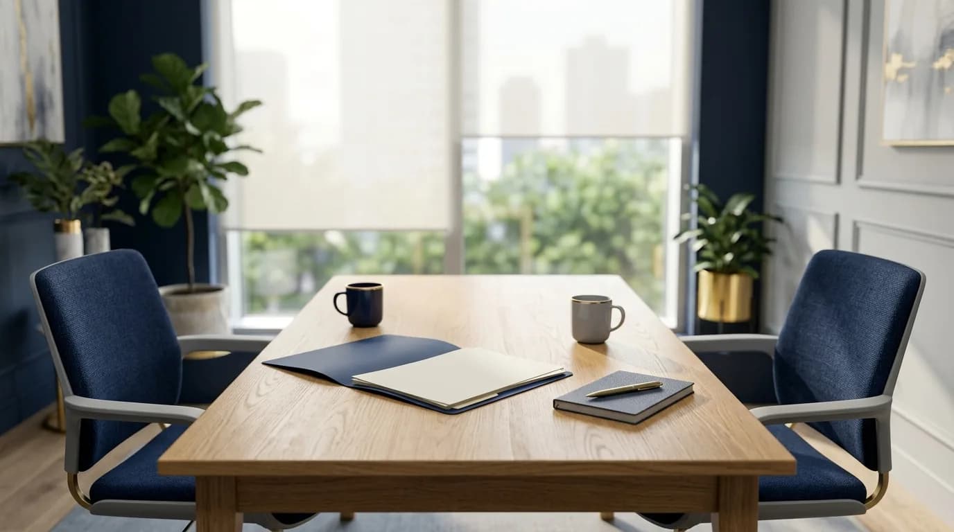 Mesa de reuniones con dos sillas enfrentadas, una carpeta abierta con hojas de evaluación y una libreta junto a una ventana