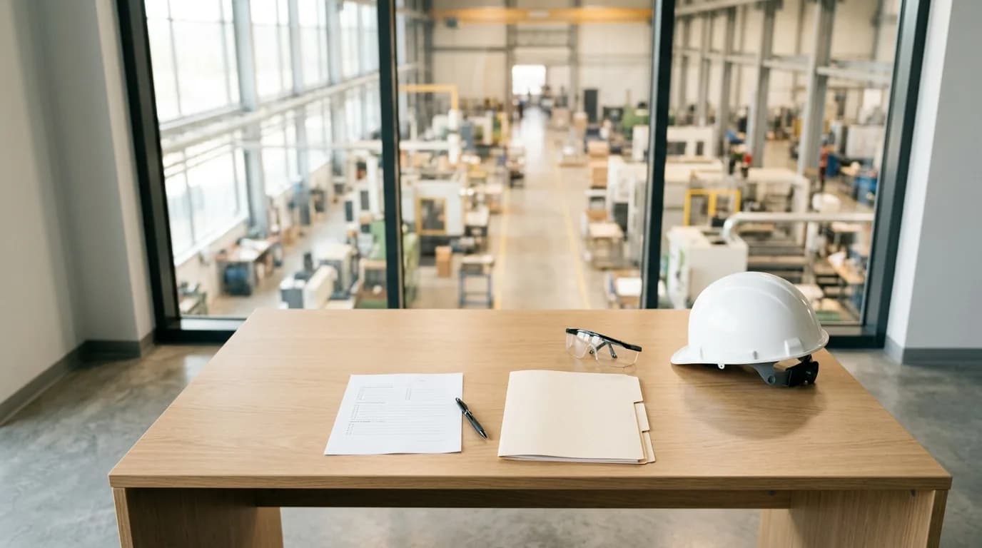 Escritorio de oficina industrial luminoso con carpetas y un formulario impreso sobre la mesa