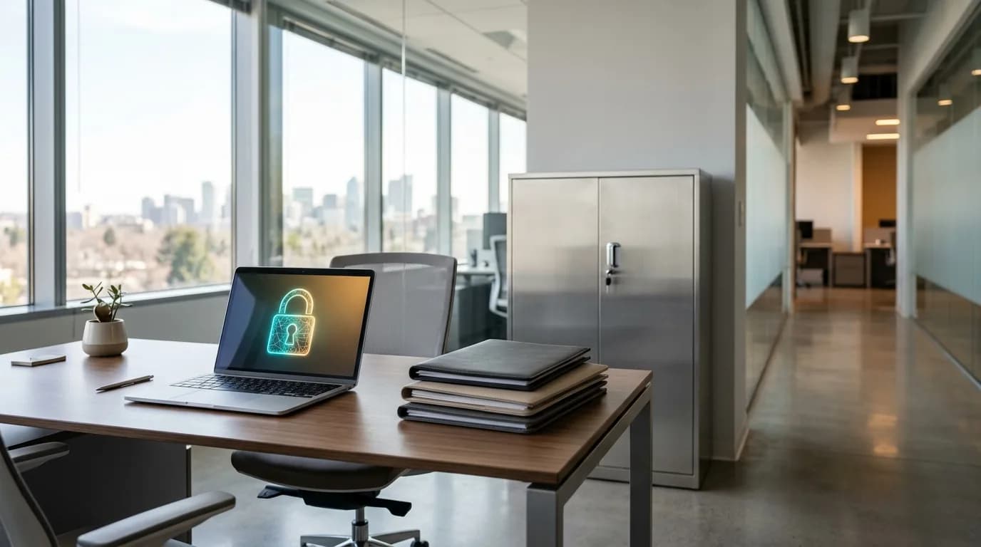 Oficina de recursos humanos con un archivador metalico con cerradura, un portatil con un candado digital en pantalla y carpetas ordenadas