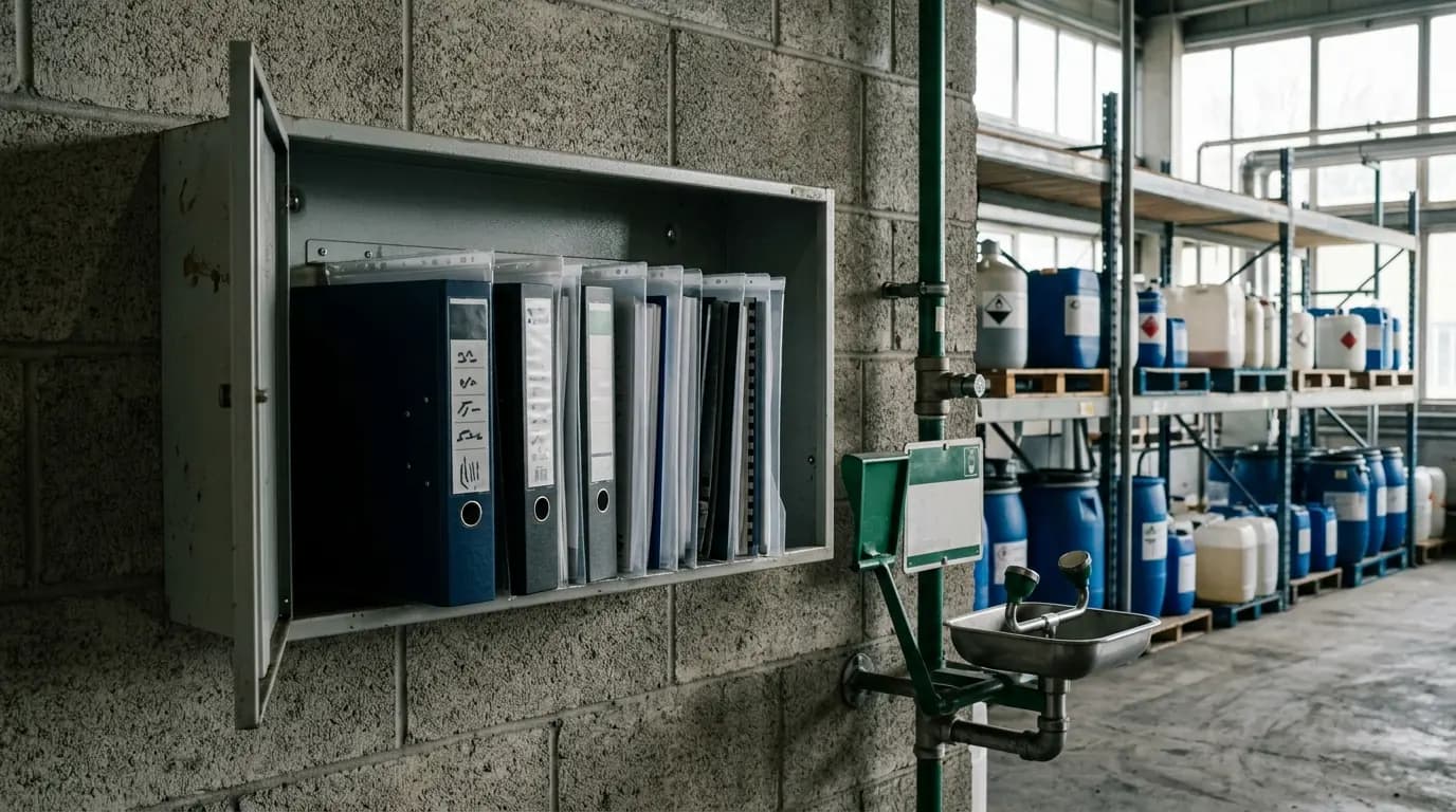 Archivador metalico con fundas de documentos junto a un lavaojos de emergencia en una bodega de productos quimicos
