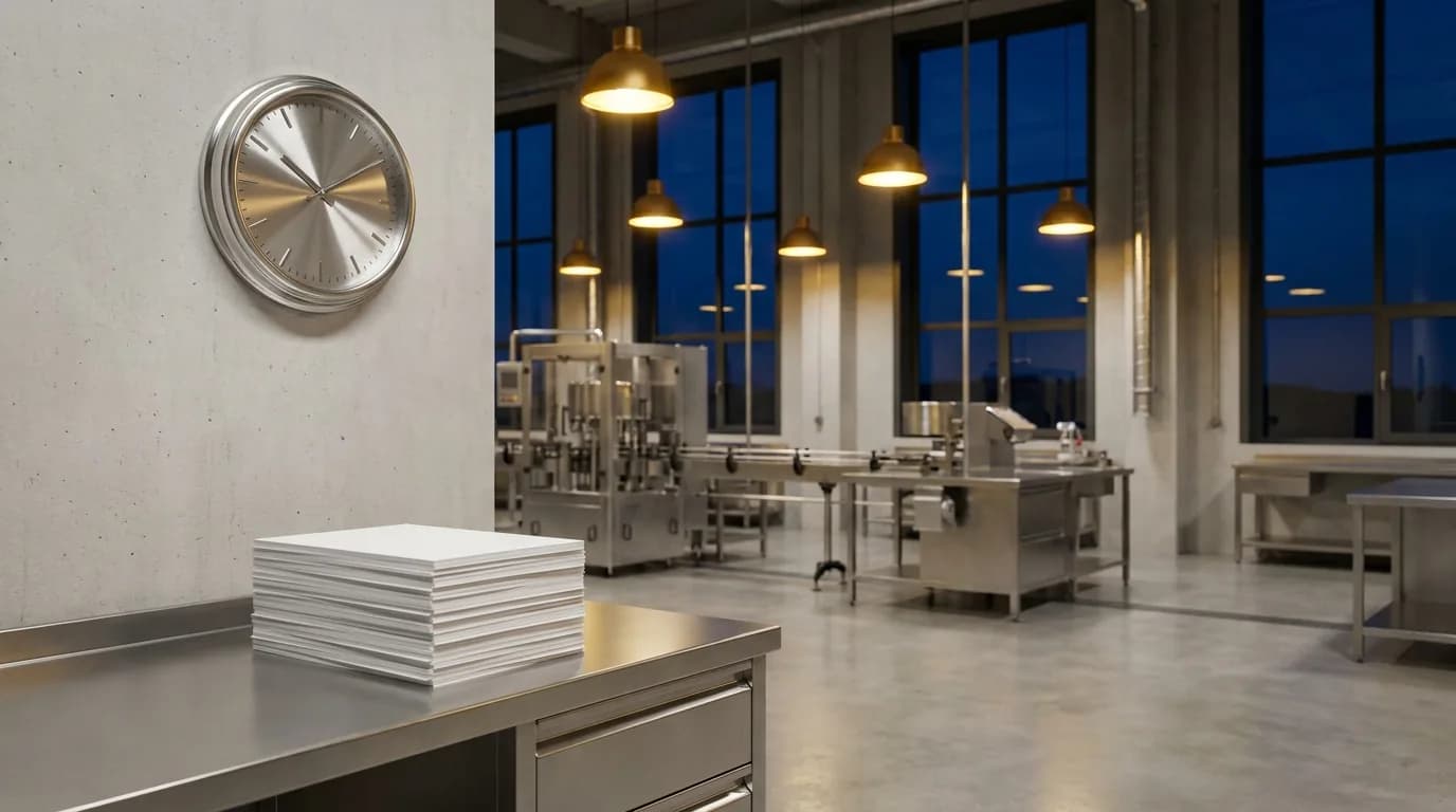 Reloj de pared y planillas de control de turnos sobre una mesa de acero en una planta industrial iluminada al anochecer en Colombia