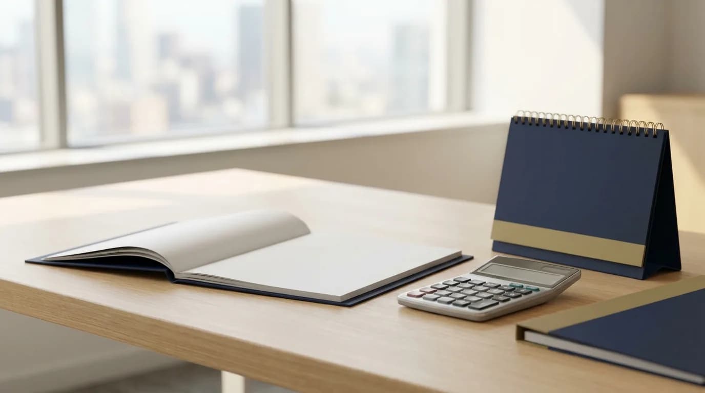 Carpeta de documentos laborales abierta junto a una calculadora y un calendario de escritorio en una oficina en Colombia, con la ciudad al fondo