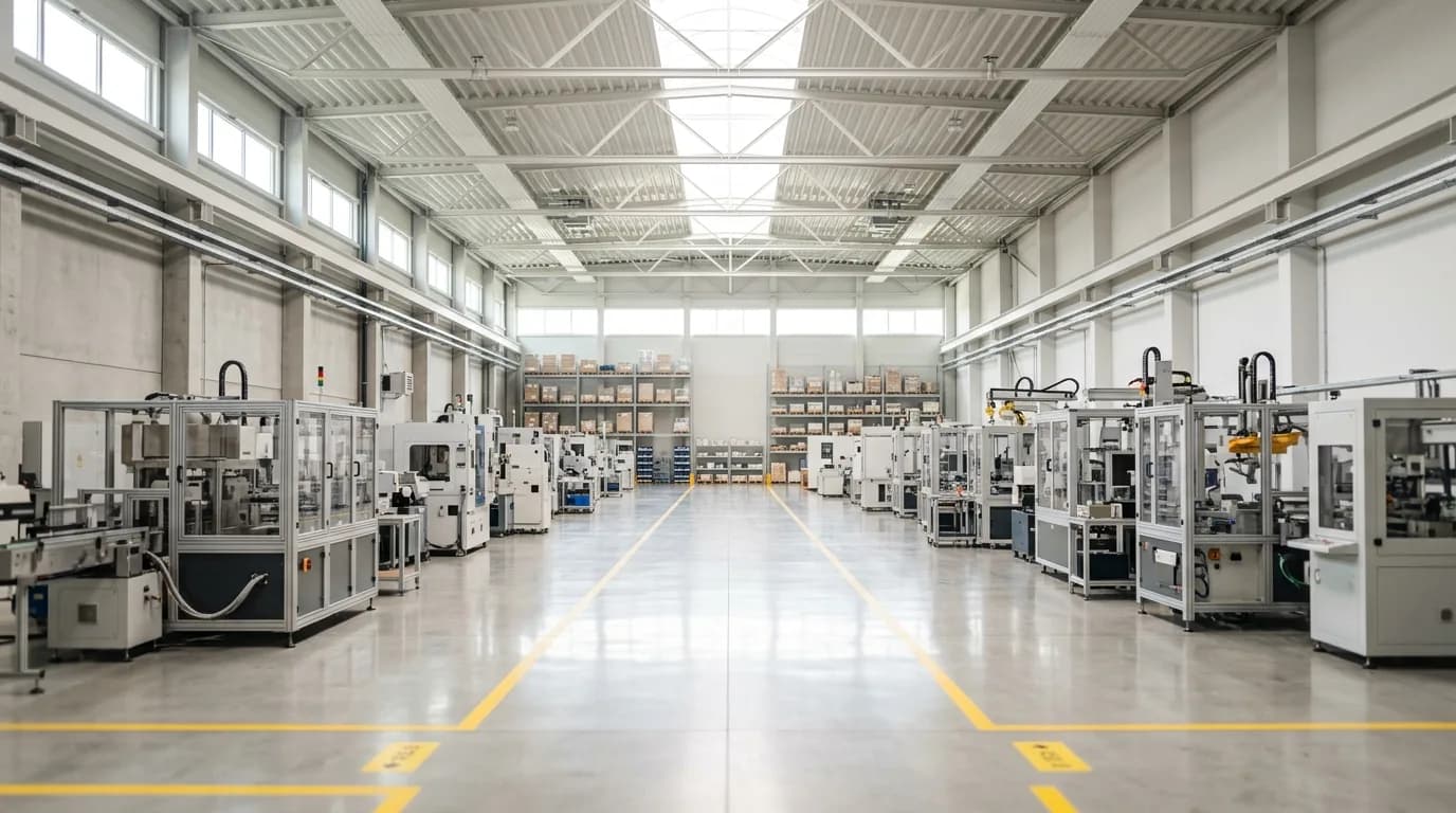 Nave industrial luminosa con maquinaria ordenada y pasillos demarcados, sin personas