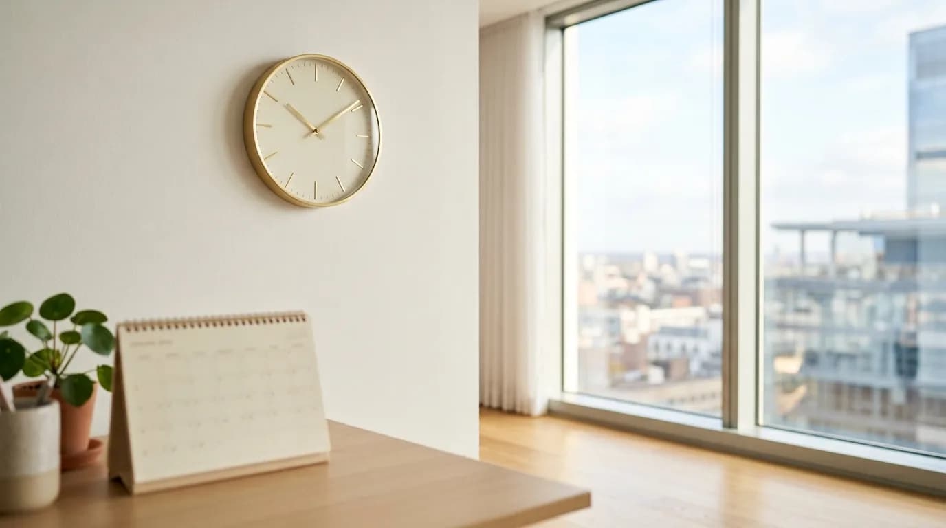 Reloj de pared y calendario de escritorio en una oficina luminosa junto a un ventanal