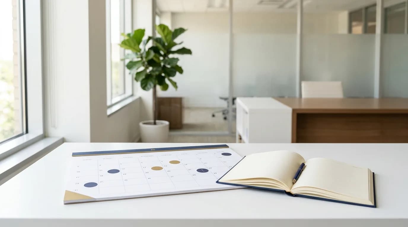 Calendario de escritorio con dias marcados junto a un registro de vacaciones abierto en una oficina luminosa en Colombia