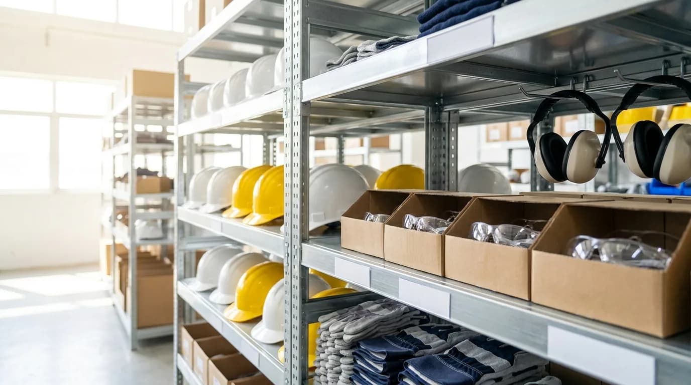 Estanteria de almacen con cascos, gafas de seguridad, guantes y protectores auditivos ordenados por tipo