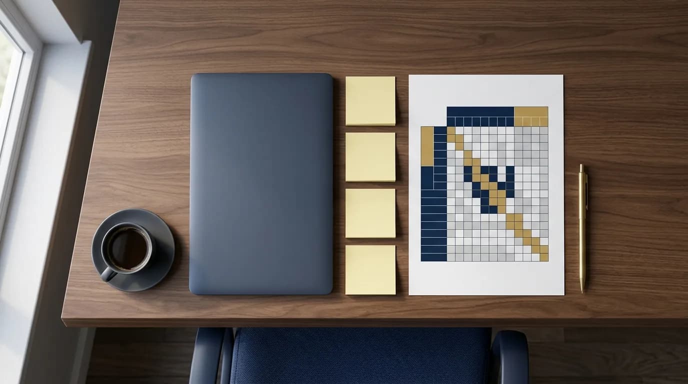 Vista cenital de un escritorio con una hoja que muestra una cuadrícula de colores azul marino y dorado, notas adhesivas, un portátil cerrado y una taza de café