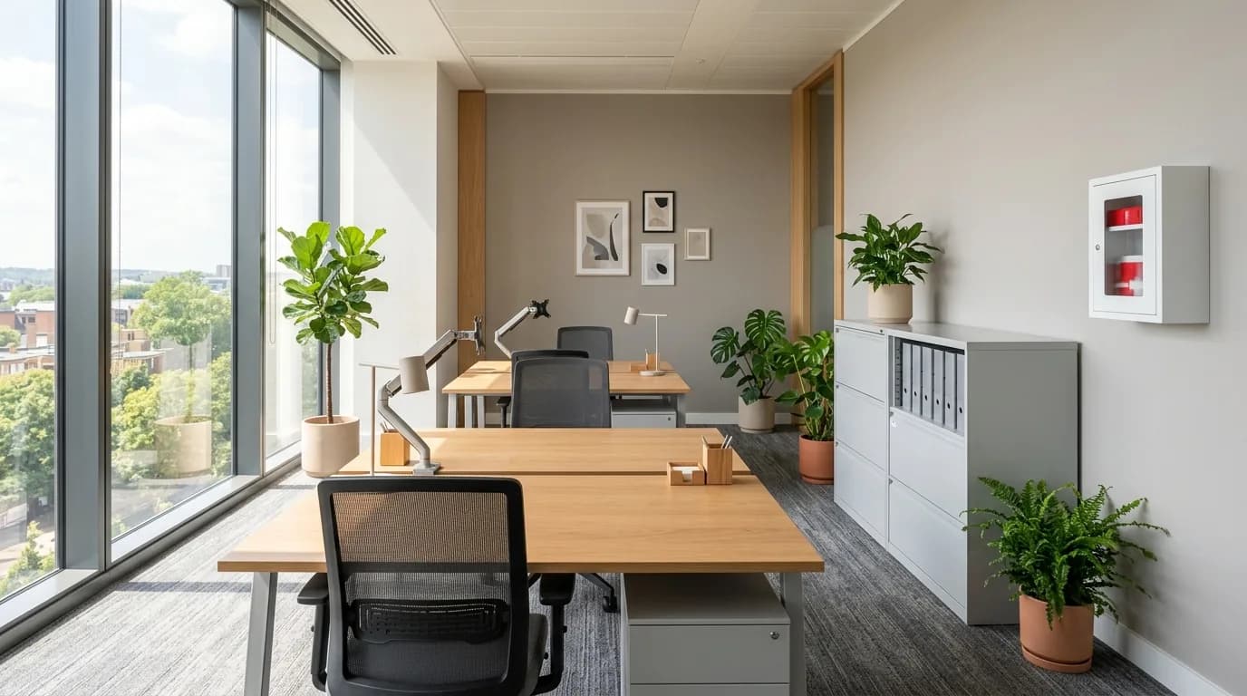 Oficina pequena recien inaugurada con escritorios nuevos, sillas ergonomicas, plantas, archivador y un botiquin de pared