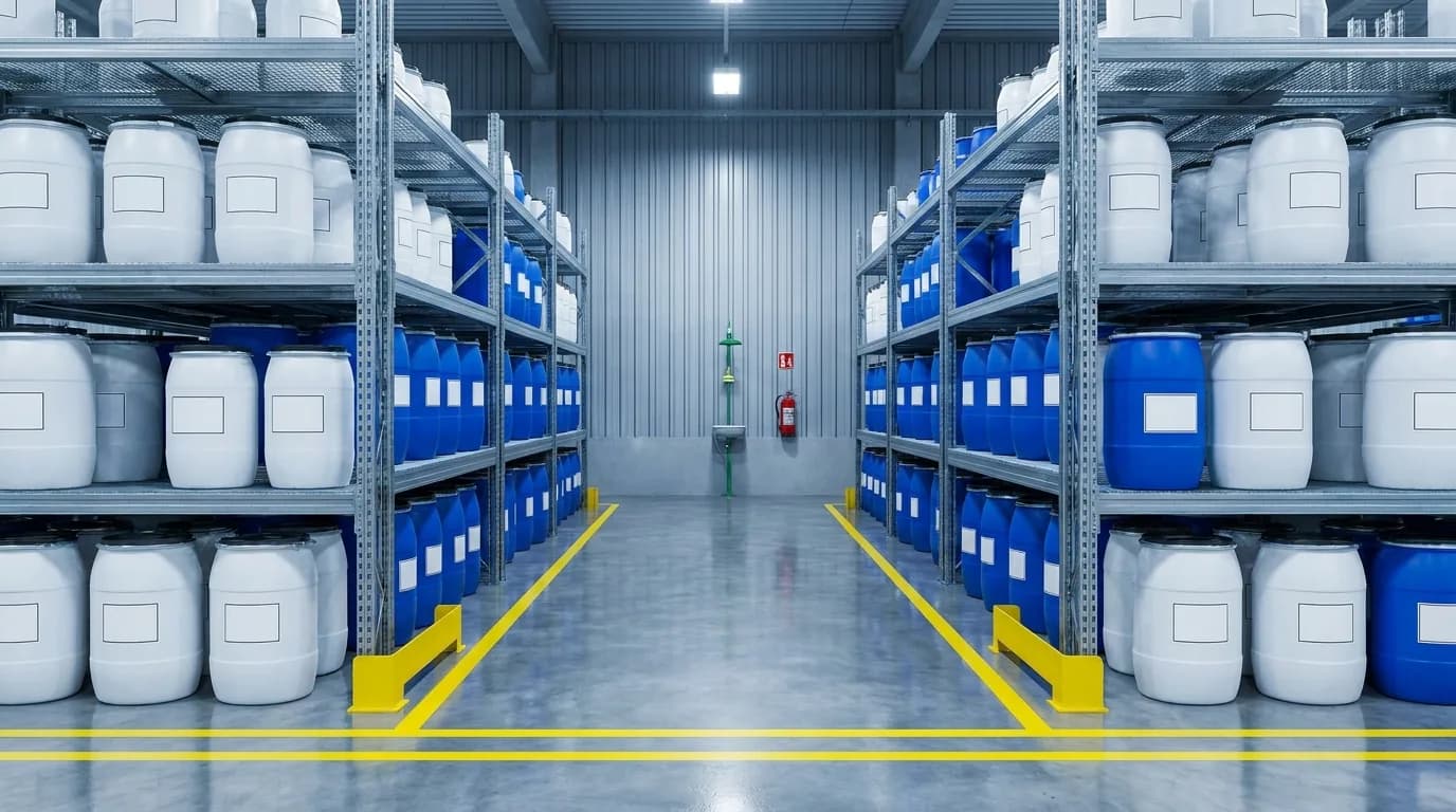 Estanteria industrial con envases y bidones plasticos etiquetados en una bodega de almacenamiento de productos quimicos